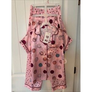 btween Pink Satin Smile Face 3 piece Pajama Set with Multicolor Faces